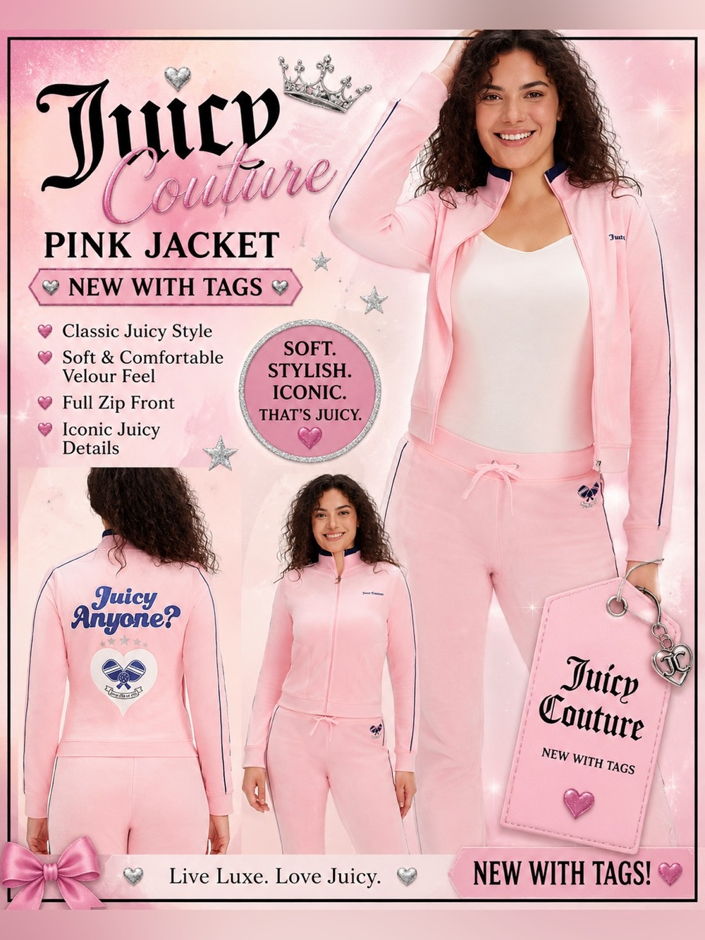 Juicy Couture Women's Pink Velour Track Jacket